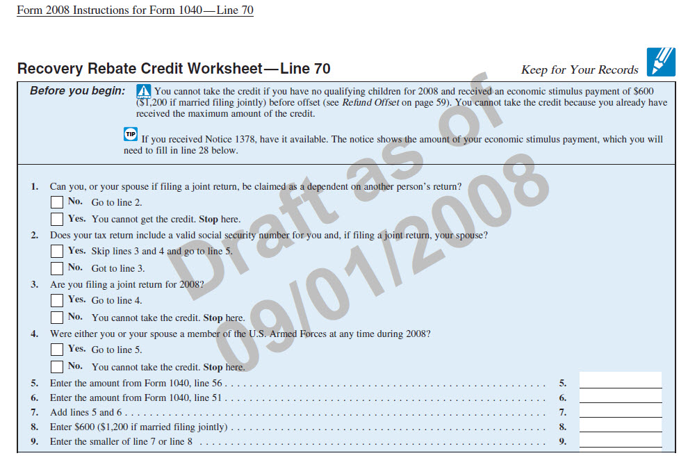 Recovery Rebate Credit Worksheet Instructions